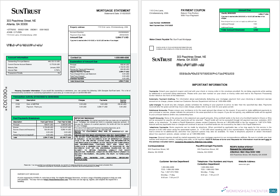 Download USA Georgian SunTrust bank mortgage statement in Word and PDF formats 1 2 Photoshop template